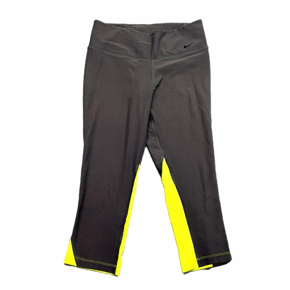 Nike Running Dri-FIT Legend One Gray Neon Yellow Cropped Leggings Womens Small
